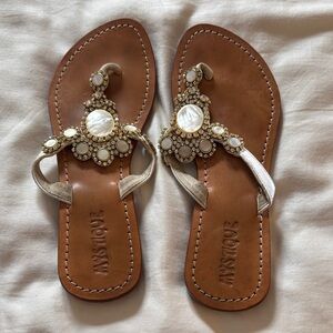 Embellished Pearl-Accent Tan Leather Sandals